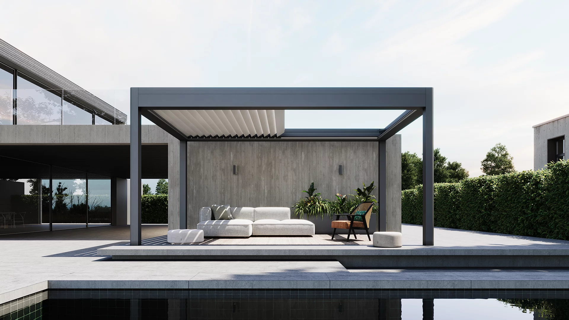 Bioklimatska aluminijska pergola s pomičnim ALU lamelama na modernoj terasi