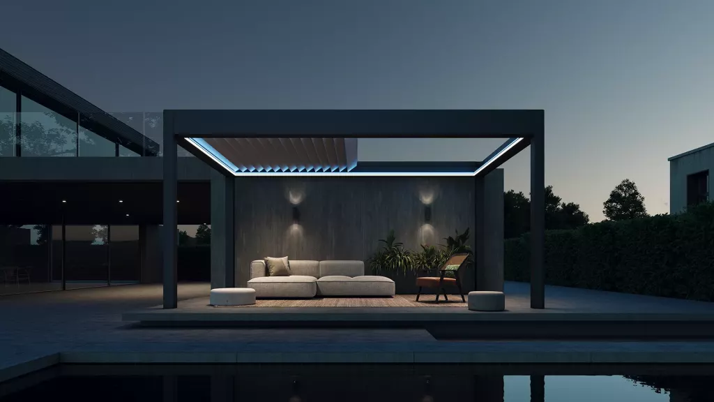 Bioklimatska pergola s ambijentalnom LED rasvjetom u sumrak